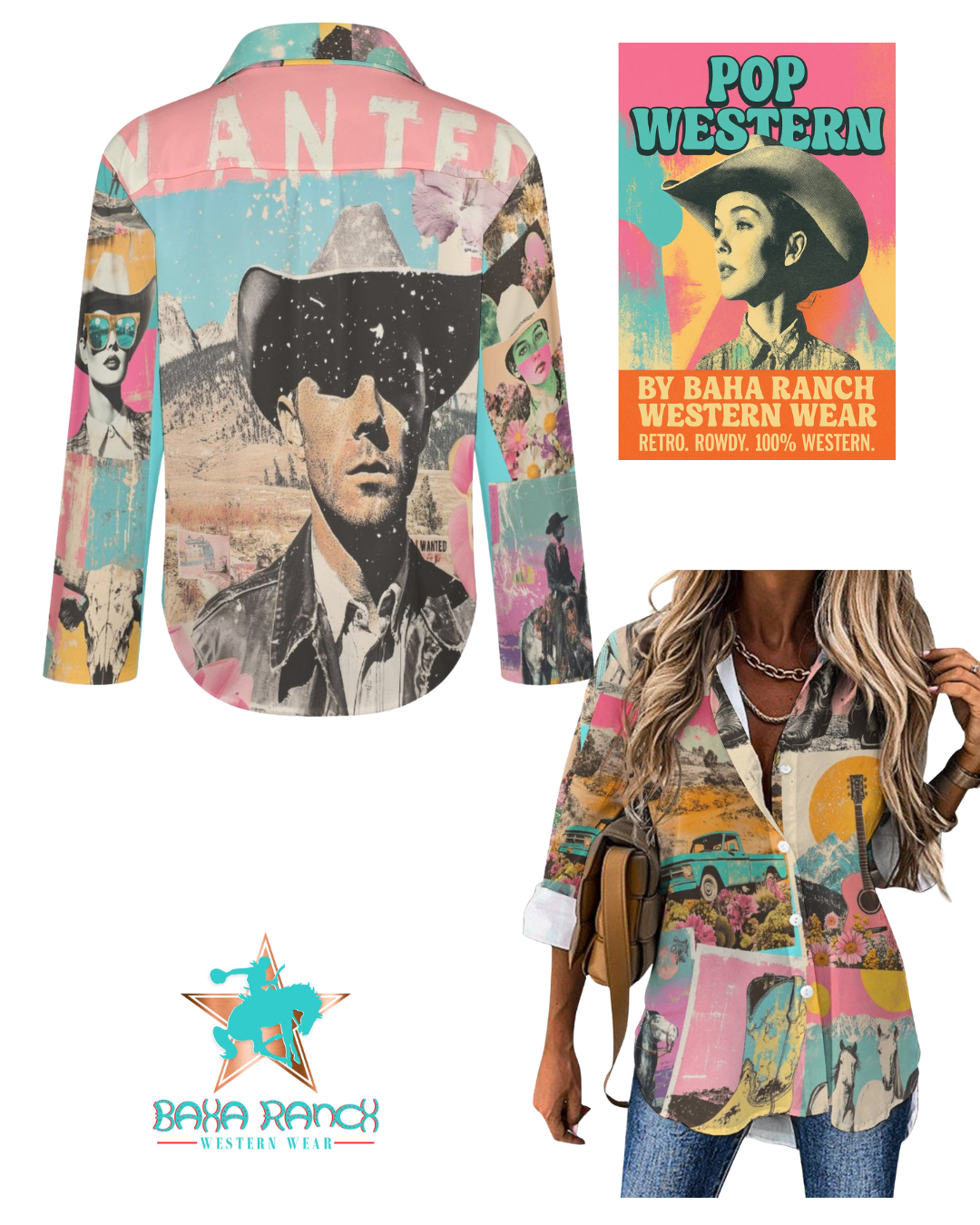 Baha Ranch Wanted Retro Pop Western Vintage Button Up Shirt