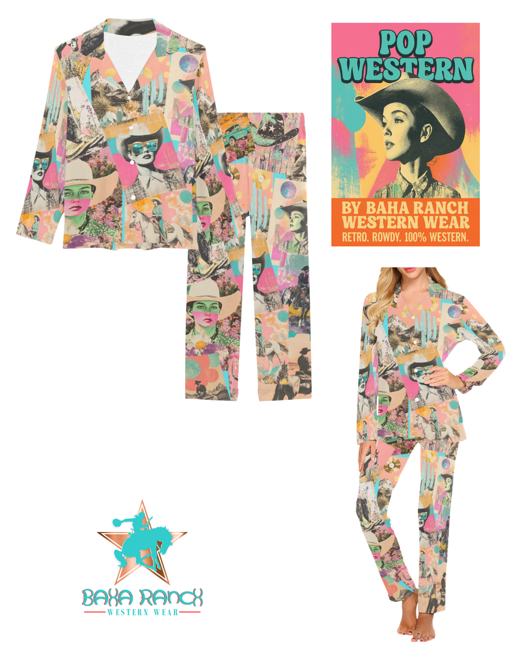 Baha Ranch Retro Pop Western Collage Pajama Set