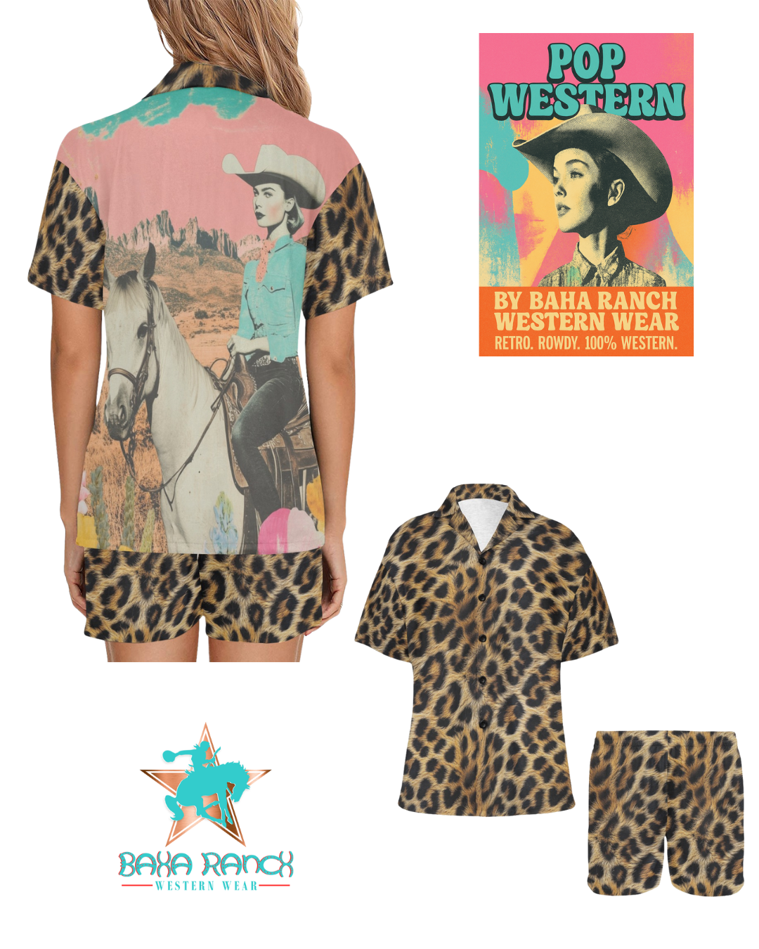Baha Ranch Retro Pop Western Leopard Cowgirl Pajama Set