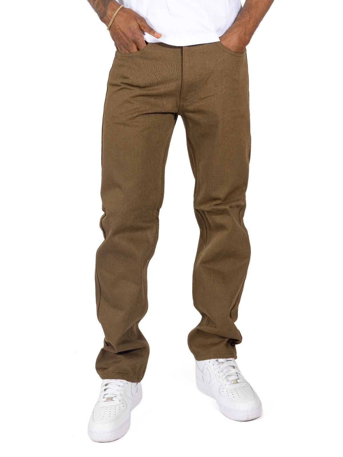 Makobi Veno Twill Denim Jeans in Golden Brown, worn front view
