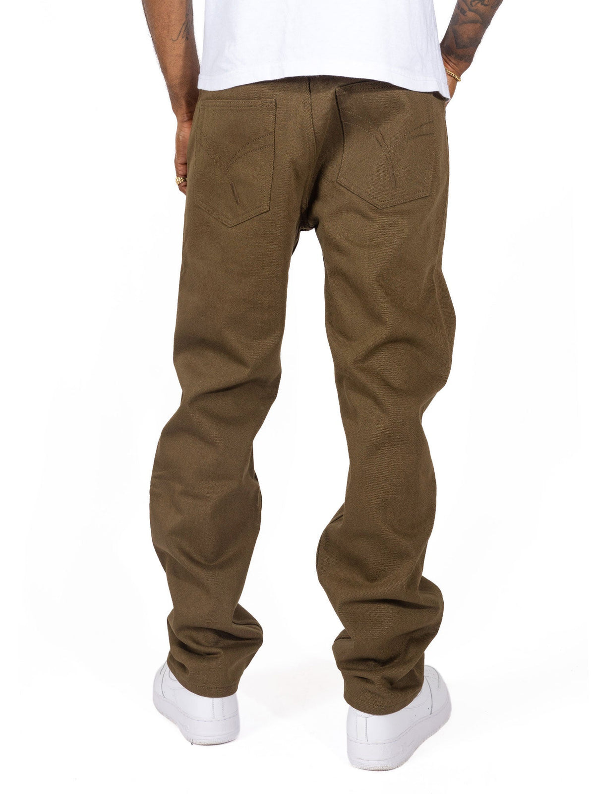 Makobi Veno Twill Denim Jeans in Golden Brown, worn side view
