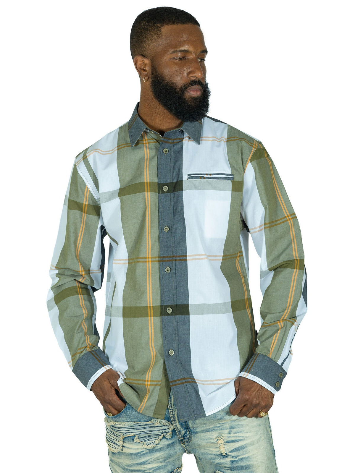 Makobi Colton Long Sleeves Plaid Shirt in Olive, worn front view