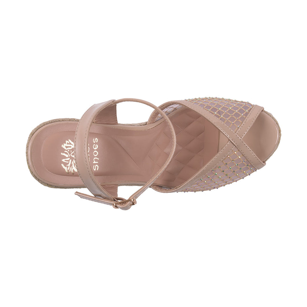 Women's Mila Nude Embellished Mesh Espadrille Wedge Sandals