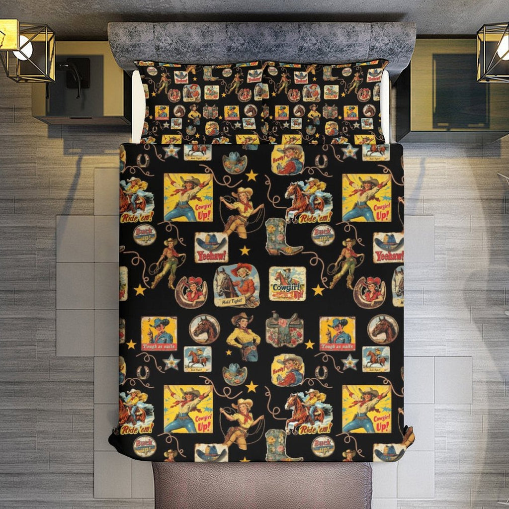 Vintage Cowgirl Collage Design 3-Piece Bedding Set (1 Duvet Cover + 2 Pillow Shams) – 102"×90"