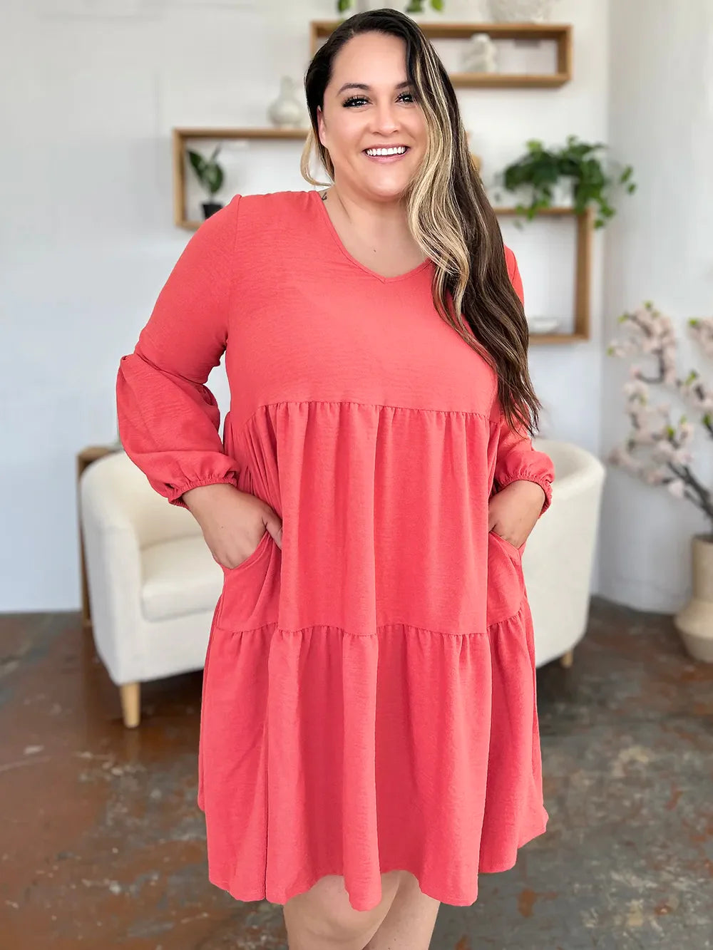 Garden Naked Double Take Full Size V-Neck Balloon Sleeve Tiered Dress with Pockets