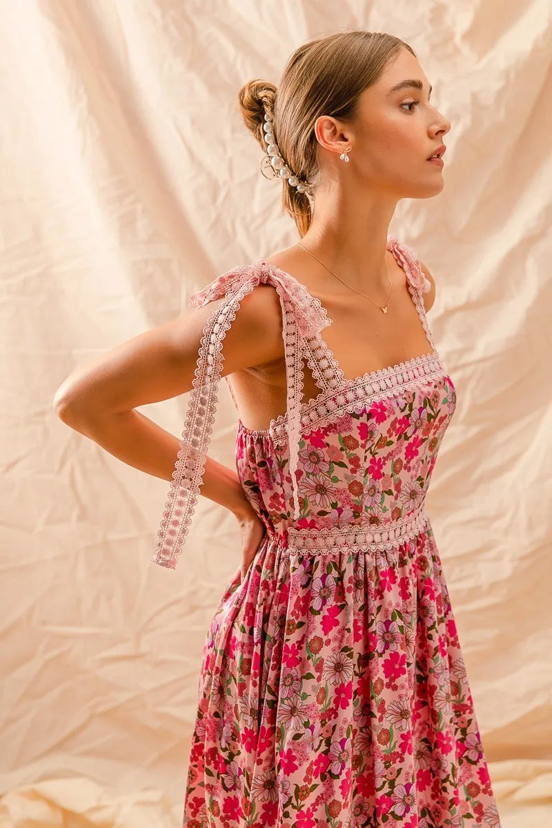 Garden Naked SO ME Floral Maxi Dress With Ribbon Tie Lace Strap