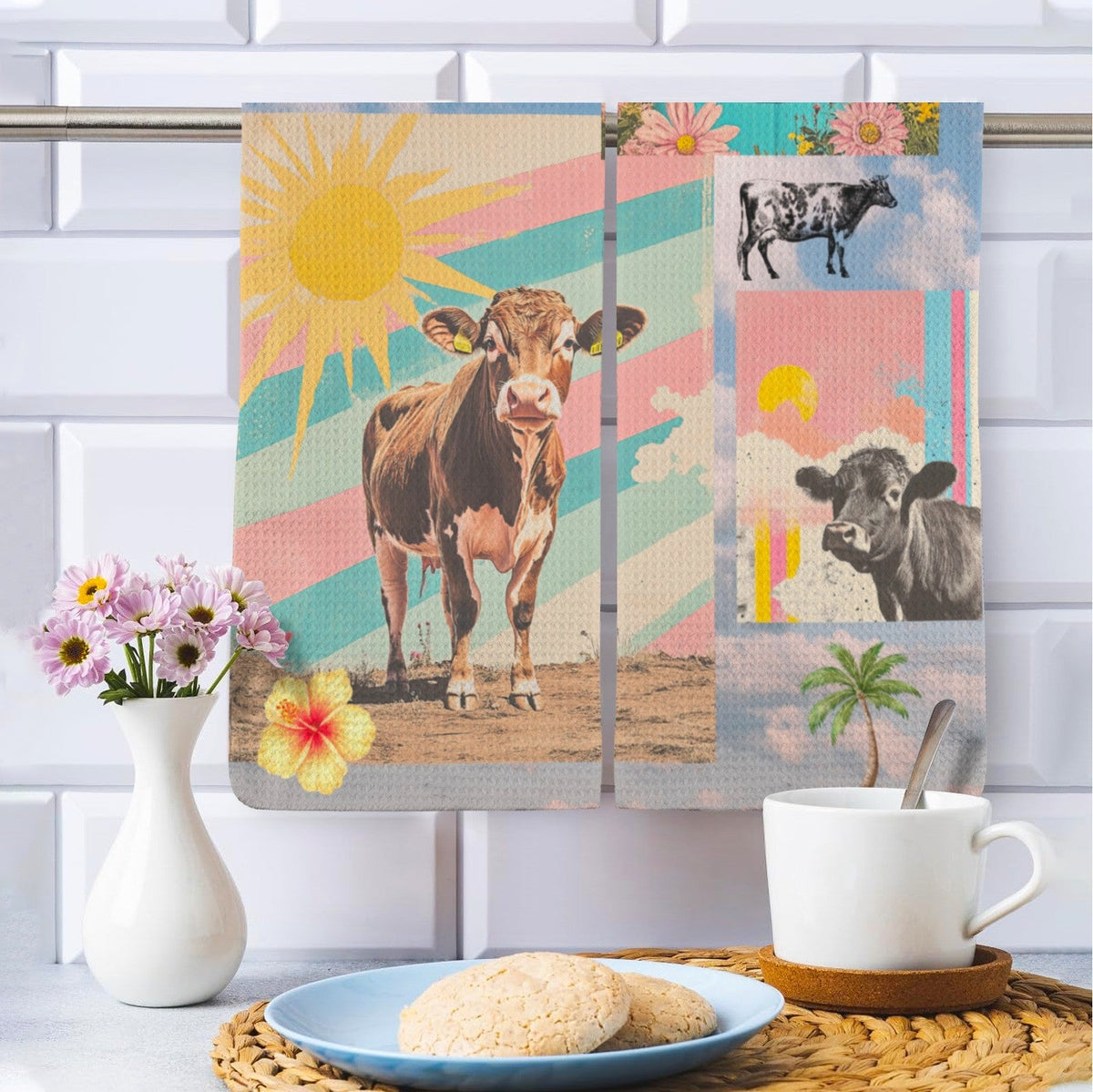 Baha Ranch Summer Cows Set of 2 (same) Kitchen Dish Towels Made in America