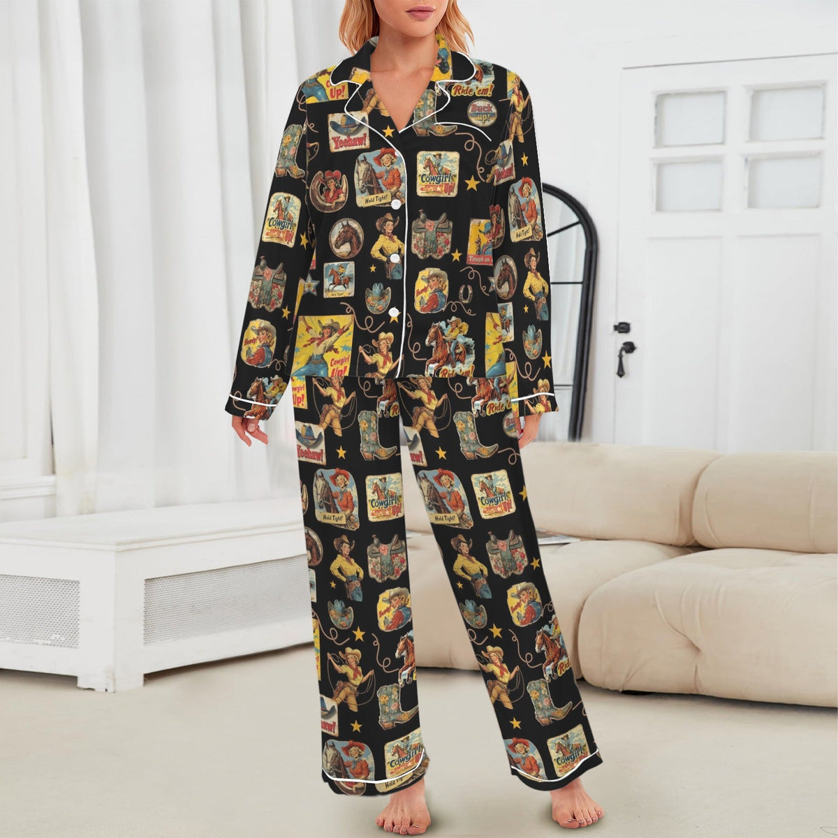 Vintage Cowgirl Collage Western Satin Pajamas