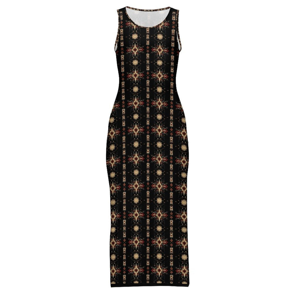 Black and Tan Aztec Sleeveless Bodycon Side Slit Maxi Dress