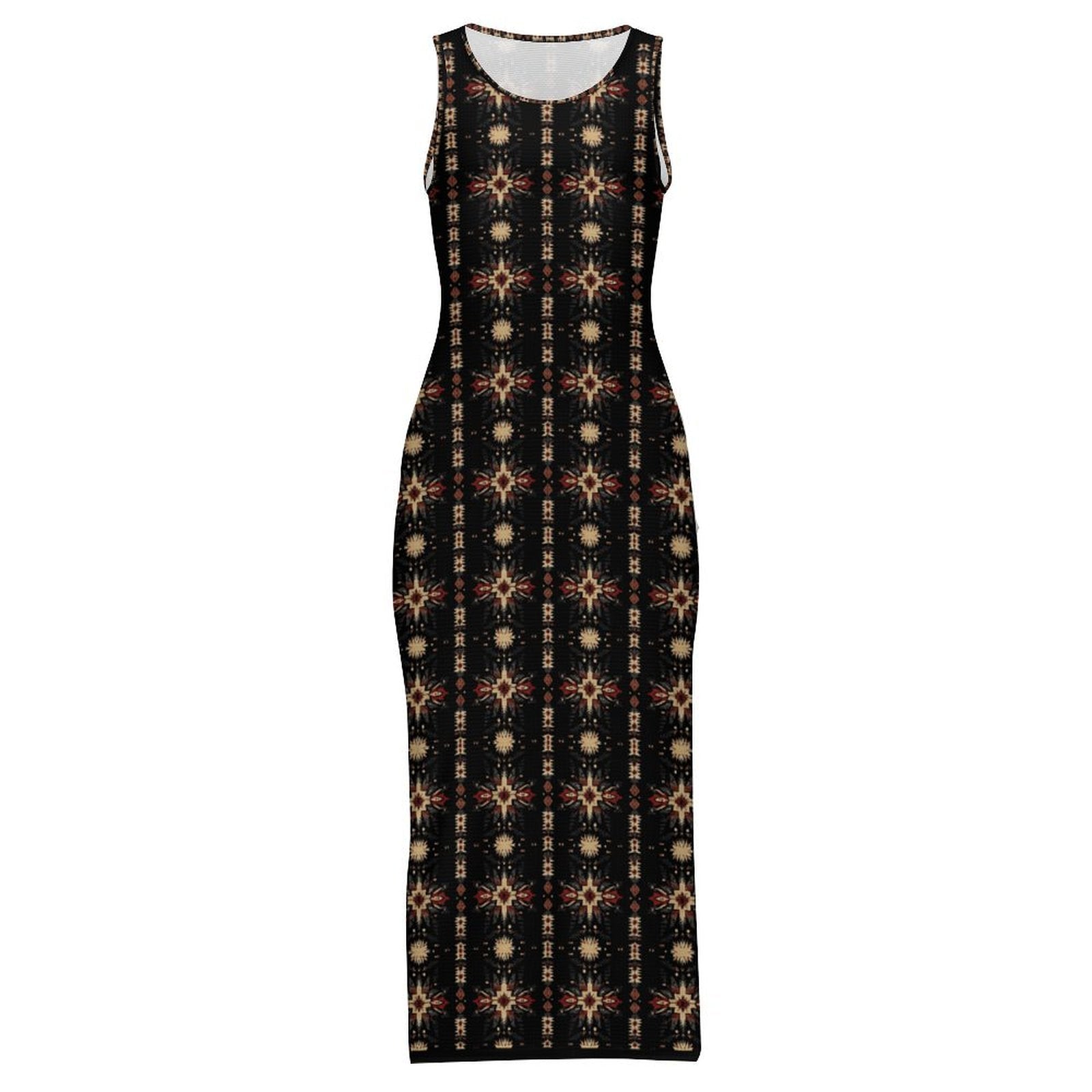 Black and Tan Aztec Sleeveless Bodycon Side Slit Maxi Dress
