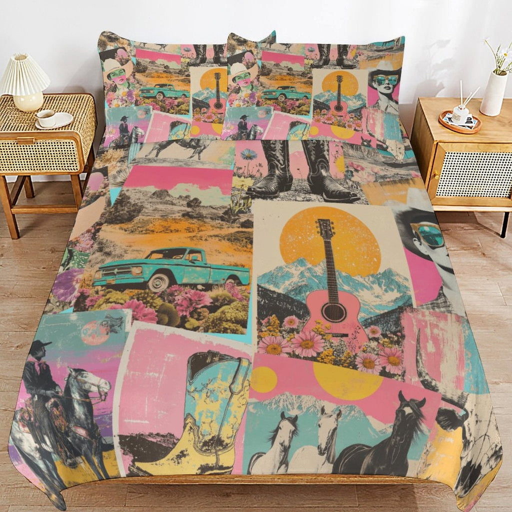 Baha Ranch Retro Pop Western 3-Piece Bedding Set (1 Duvet Cover + 2 Pillow Shams) – 102"×90"