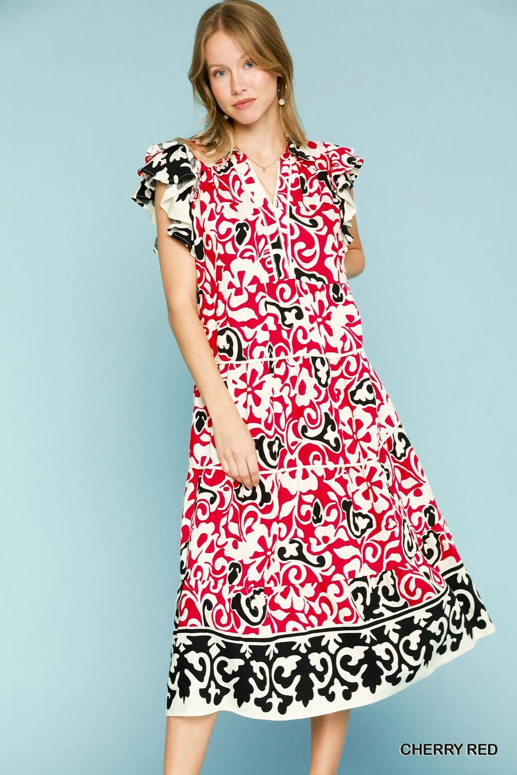 Garden Naked Umgee Printed Ruffled Cap Sleeve Midi Dress