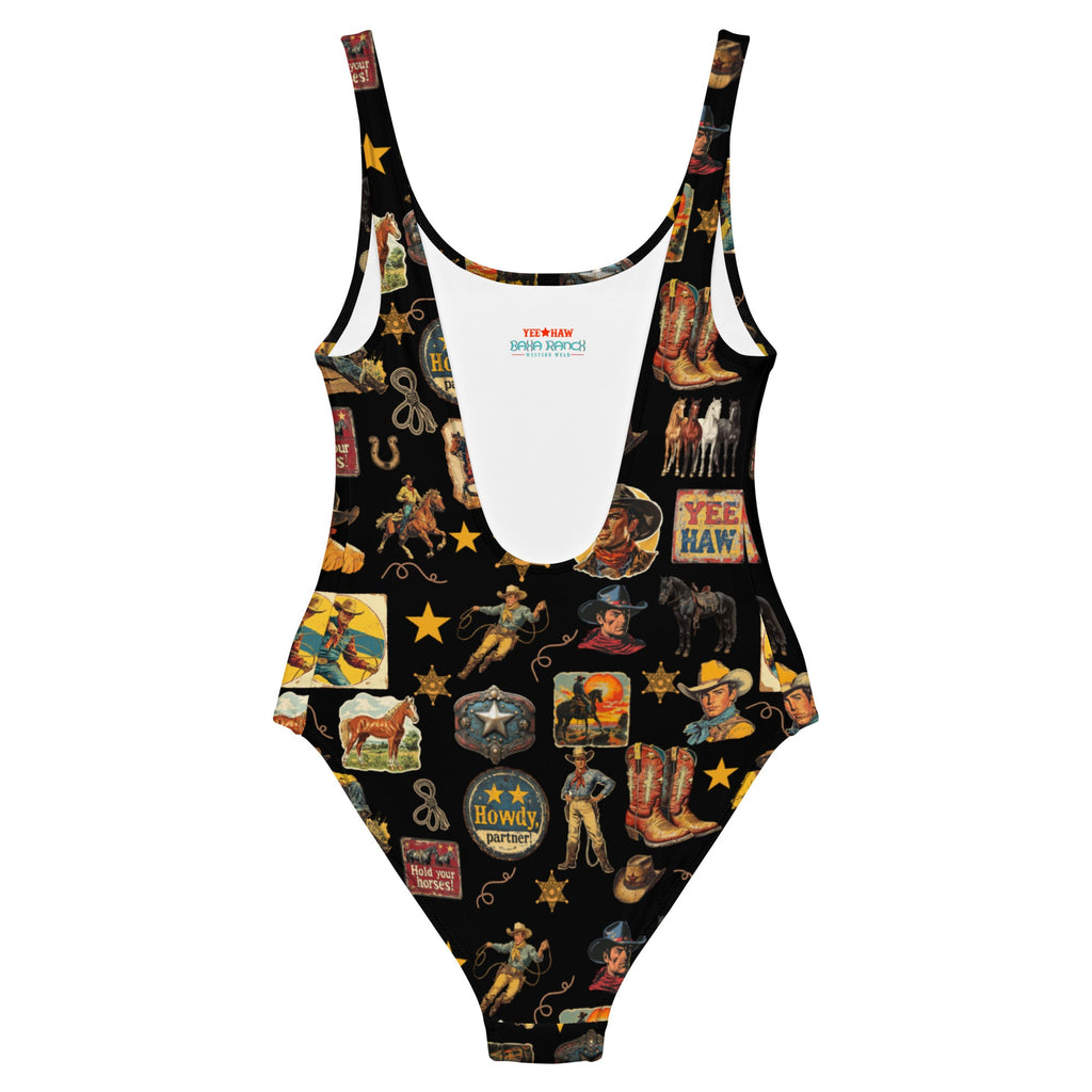 Yeeehaw Vintage Cowboy Collage Western One-Piece Swimsuit