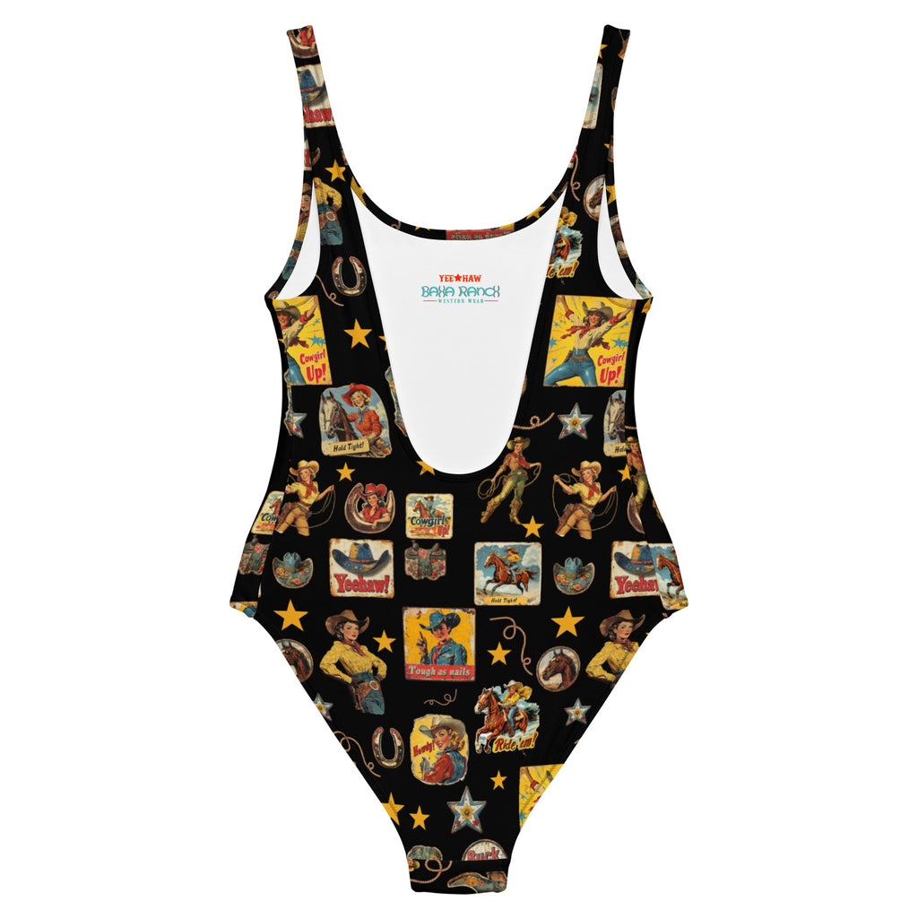 Yeehaw Vintage Cowgirl Collage One-Piece Swimsuit