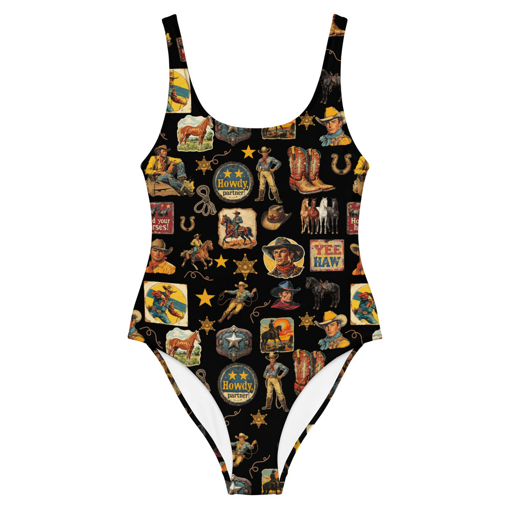Yeeehaw Vintage Cowboy Collage Western One-Piece Swimsuit