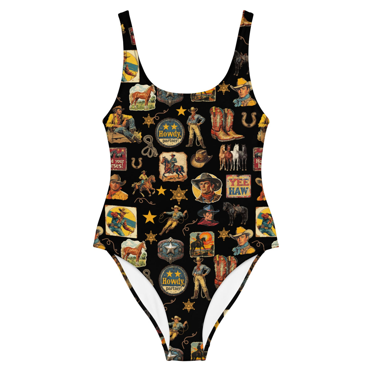 Yeeehaw Vintage Cowboy Collage Western One-Piece Swimsuit