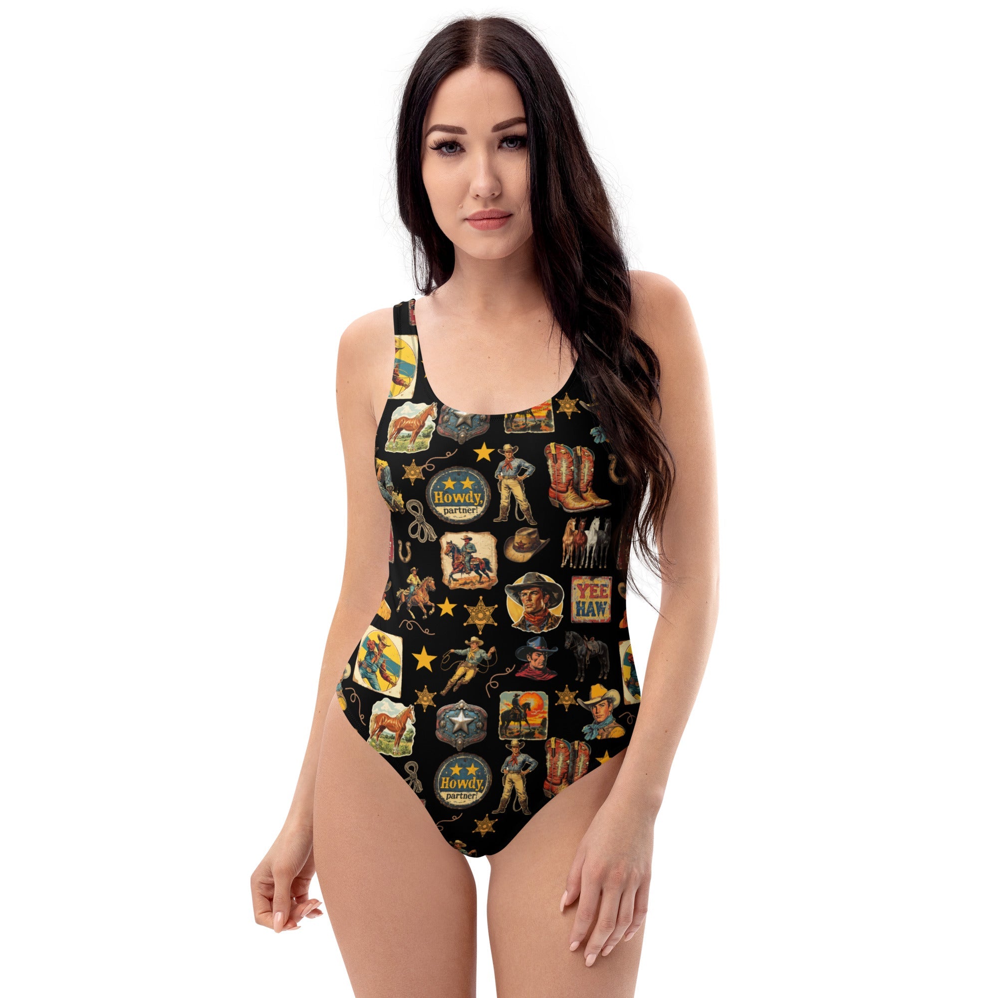 Yeeehaw Vintage Cowboy Collage Western One-Piece Swimsuit