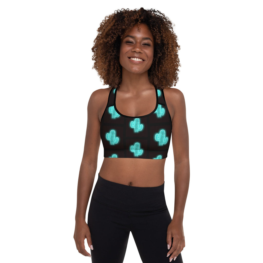 Turquoise Neon Cactus Padded Sports Bra