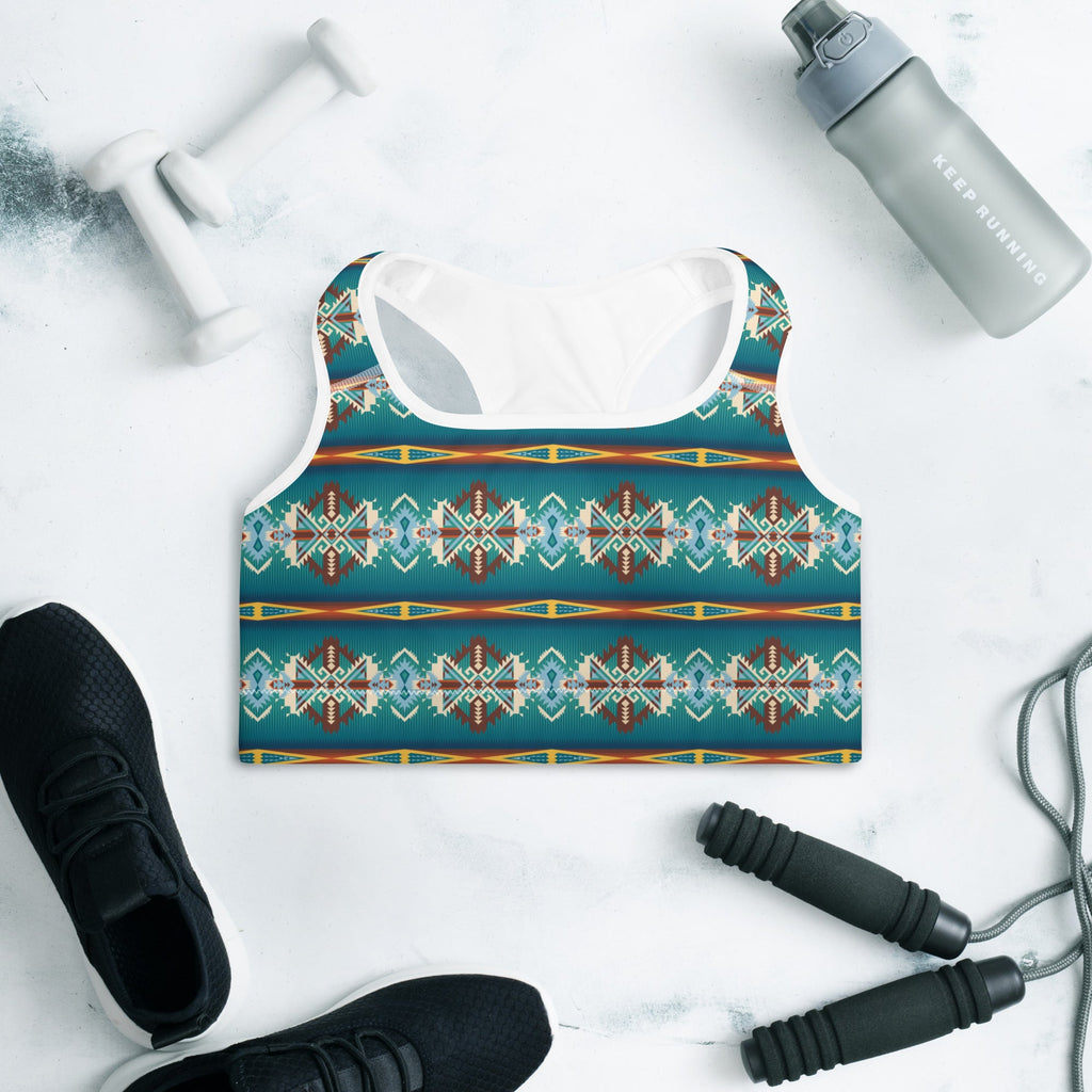 Teal Aztec Blanket Print Padded Sports Bra