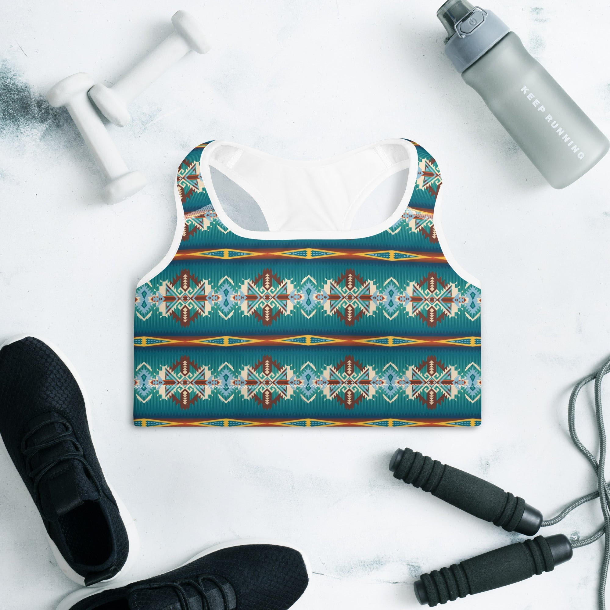 Teal Aztec Blanket Print Padded Sports Bra