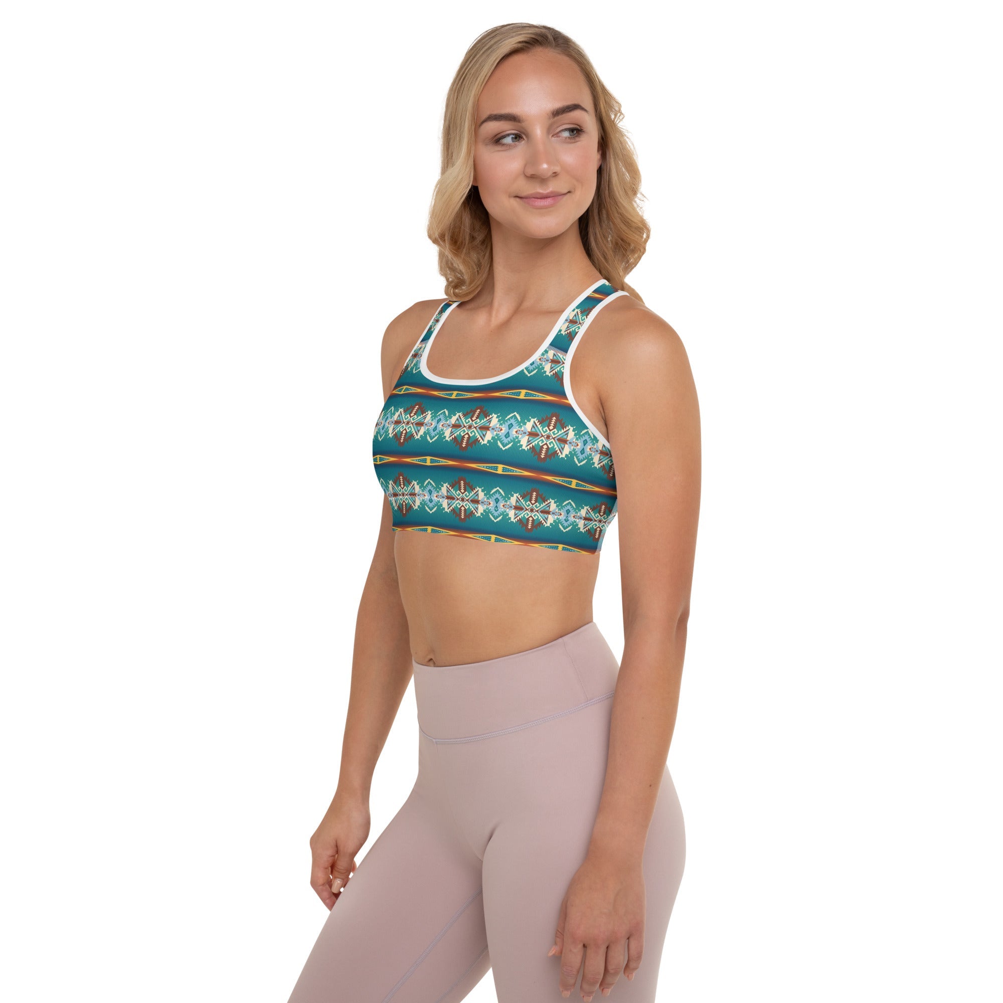 Teal Aztec Blanket Print Padded Sports Bra