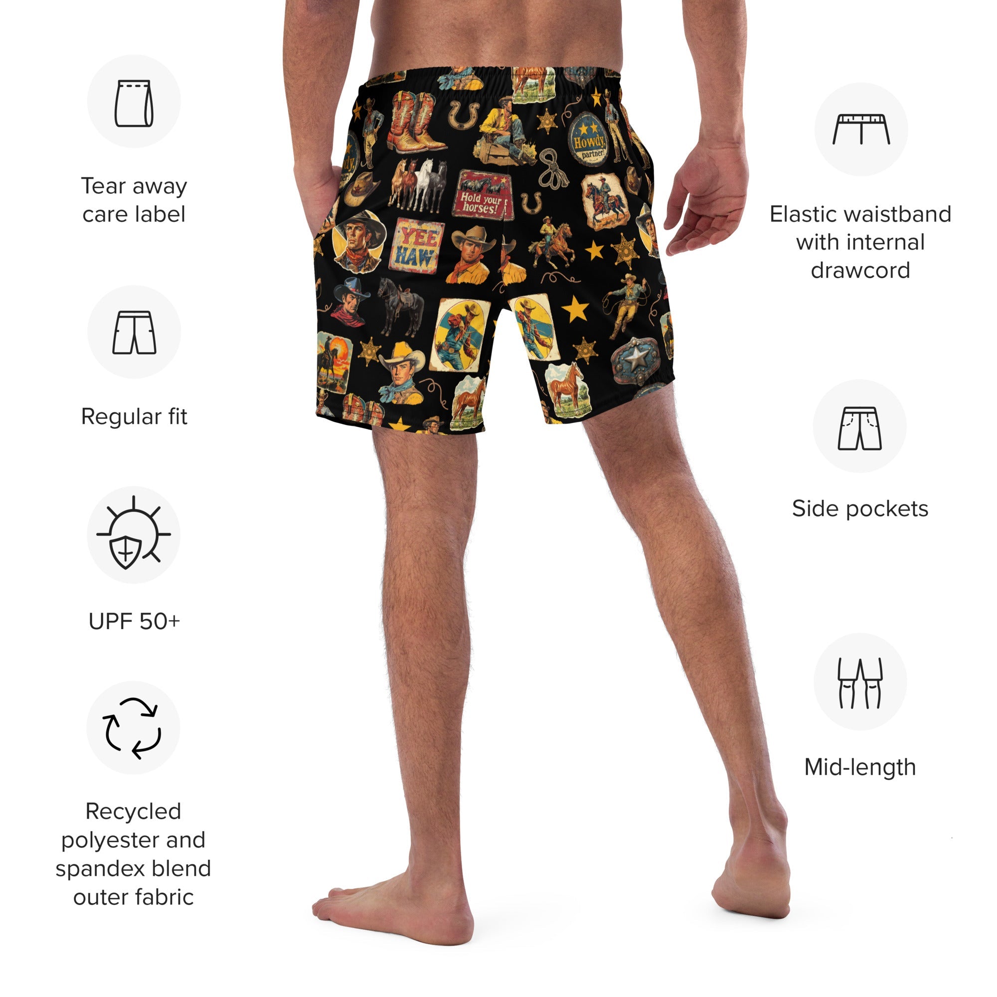 YEEHAW Vintage Cowboy Collage Western Swim Trunks Shorts