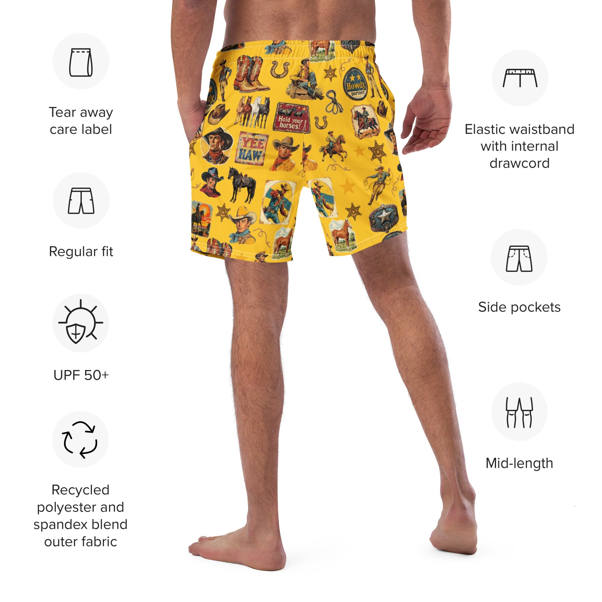 YEEHAW Vintage Cowboy Collage Western Swim Trunks Shorts