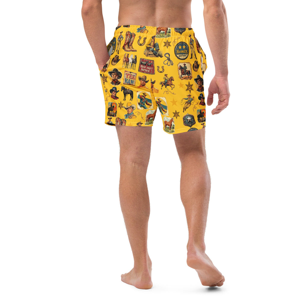 Yeehaw Vintage Cowboy Collage Mustard Swim Trunks