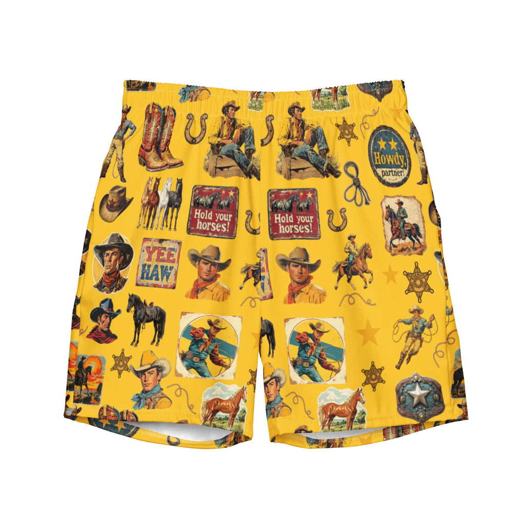 Yeehaw Vintage Cowboy Collage Mustard Swim Trunks