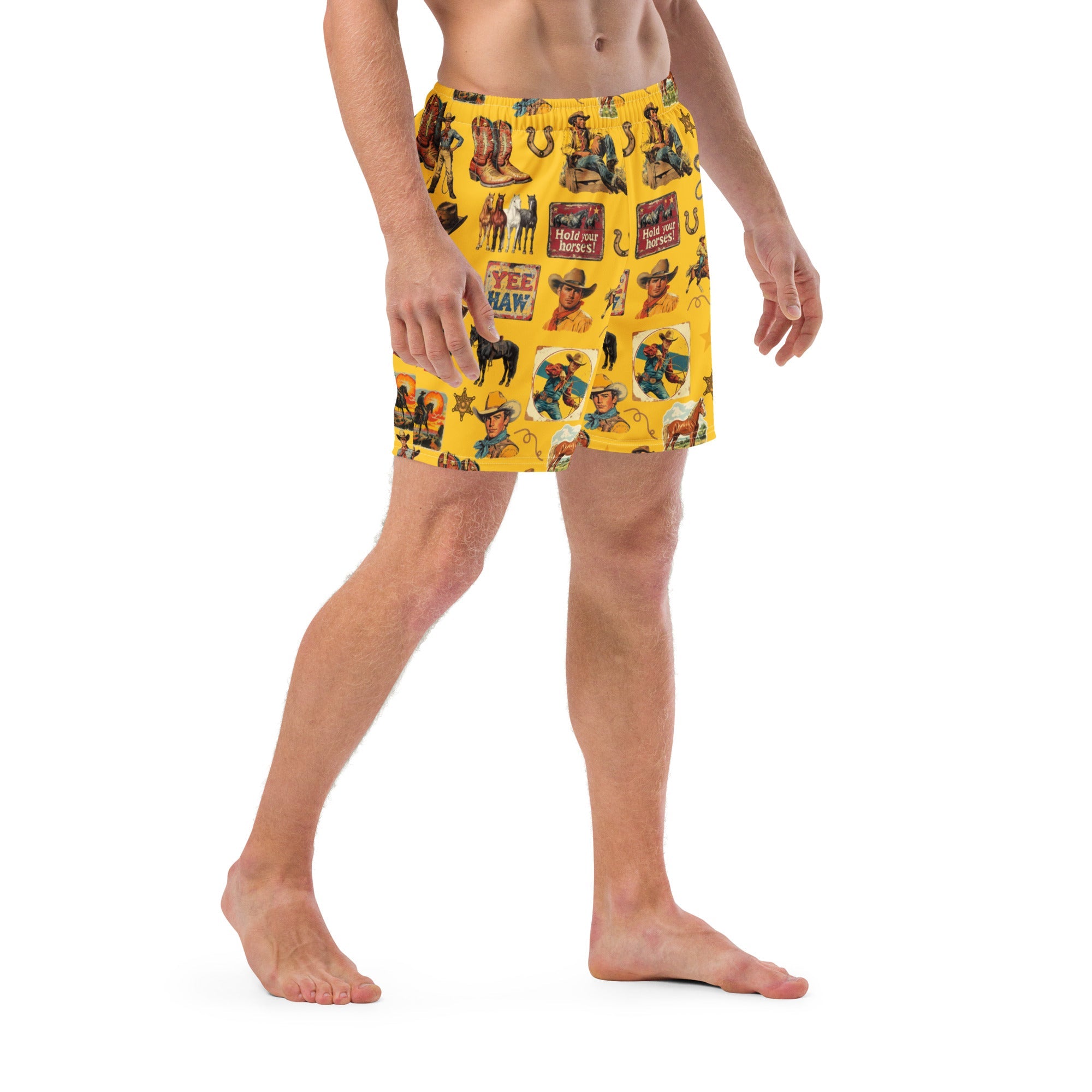 Yeehaw Vintage Cowboy Collage Mustard Swim Trunks