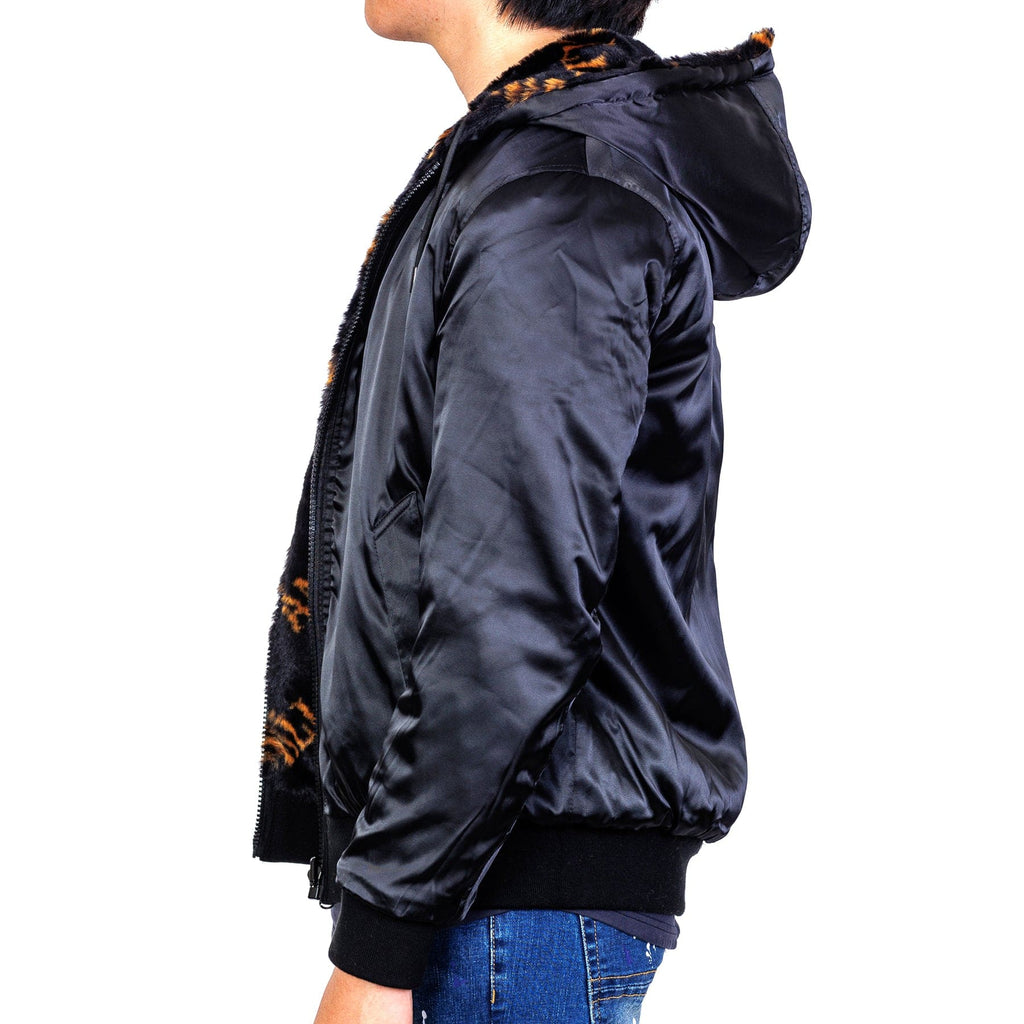 Jeff Black Reversible Faux Fur Bomber Jacket with Amillion typo pattern