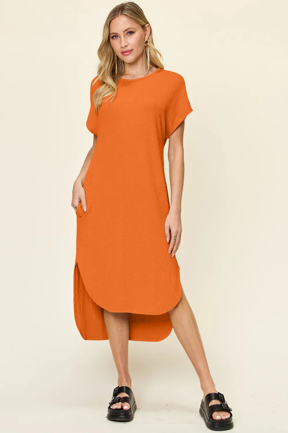 Garden Naked Double Take Full Size Round Neck Short Sleeve Slit Dress