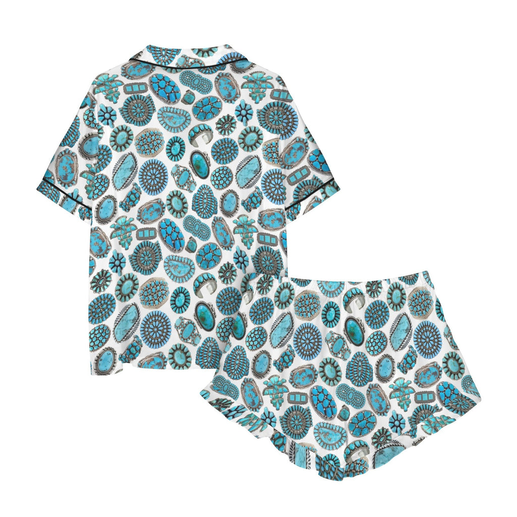 Turquoise Crazy Satin Ruffle Western Pajama Set