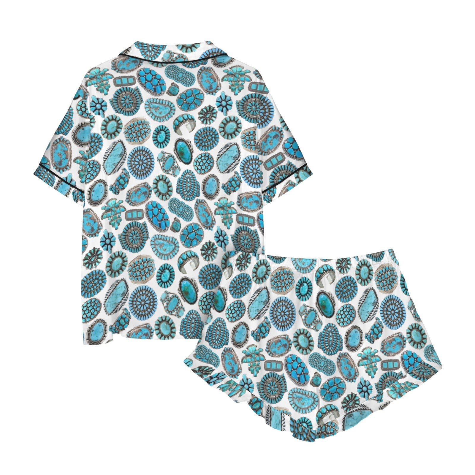 Turquoise Crazy Satin Ruffle Western Pajama Set