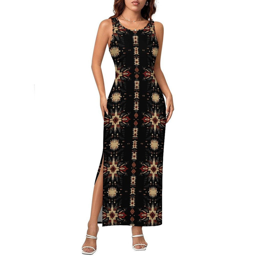 Black and Tan Aztec Bodycon Side Slit Western Maxi Dress