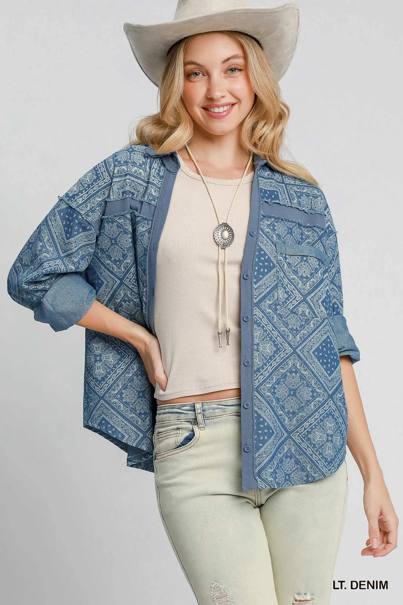 Garden Naked Umgee Paisley Print Denim Shirt Jacket