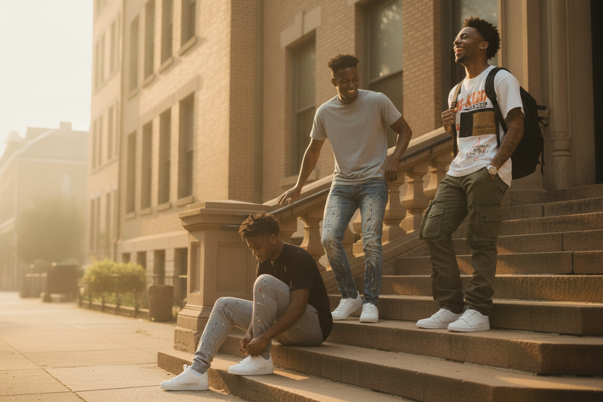 Back to School edit: Love to Kleep streetwear and ARMOR stacked denim styled on a city sidewalk