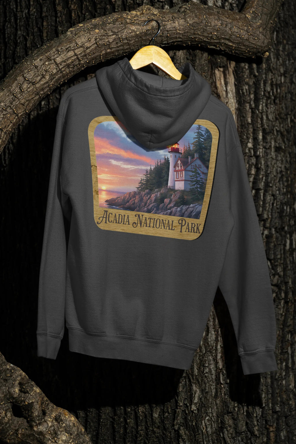 Acadia National Park Fleece Hoodie Scenic Coastal Graphic Wooden Mountain Sign