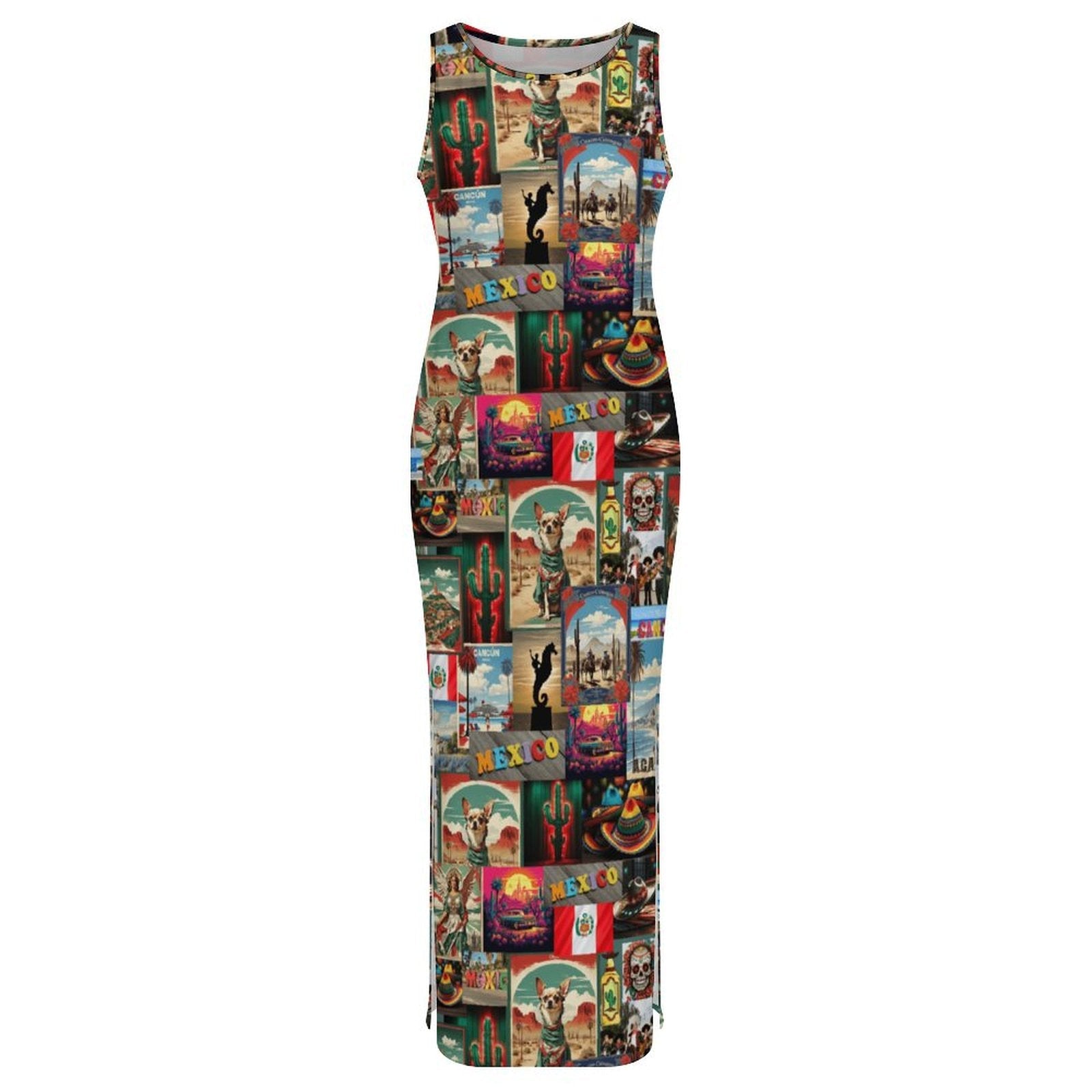 Colores De Mexico Destination Mexico Sleeveless Bodycon Side Slit Long Dress