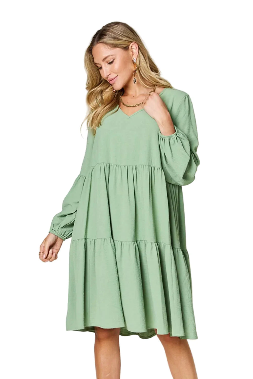 Garden Naked Double Take Full Size V-Neck Balloon Sleeve Tiered Dress with Pockets