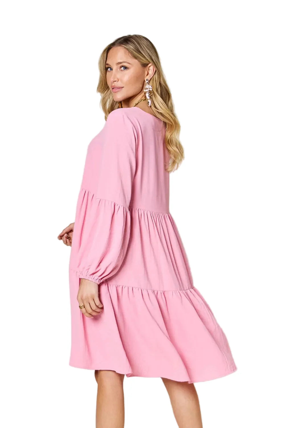 Garden Naked Double Take Full Size V-Neck Balloon Sleeve Tiered Dress with Pockets