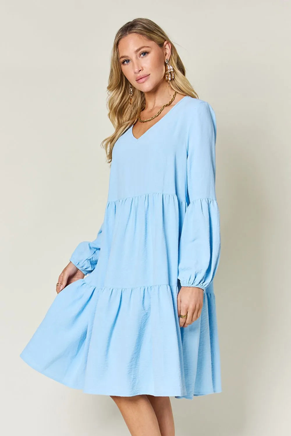 Garden Naked Double Take Full Size V-Neck Balloon Sleeve Tiered Dress with Pockets