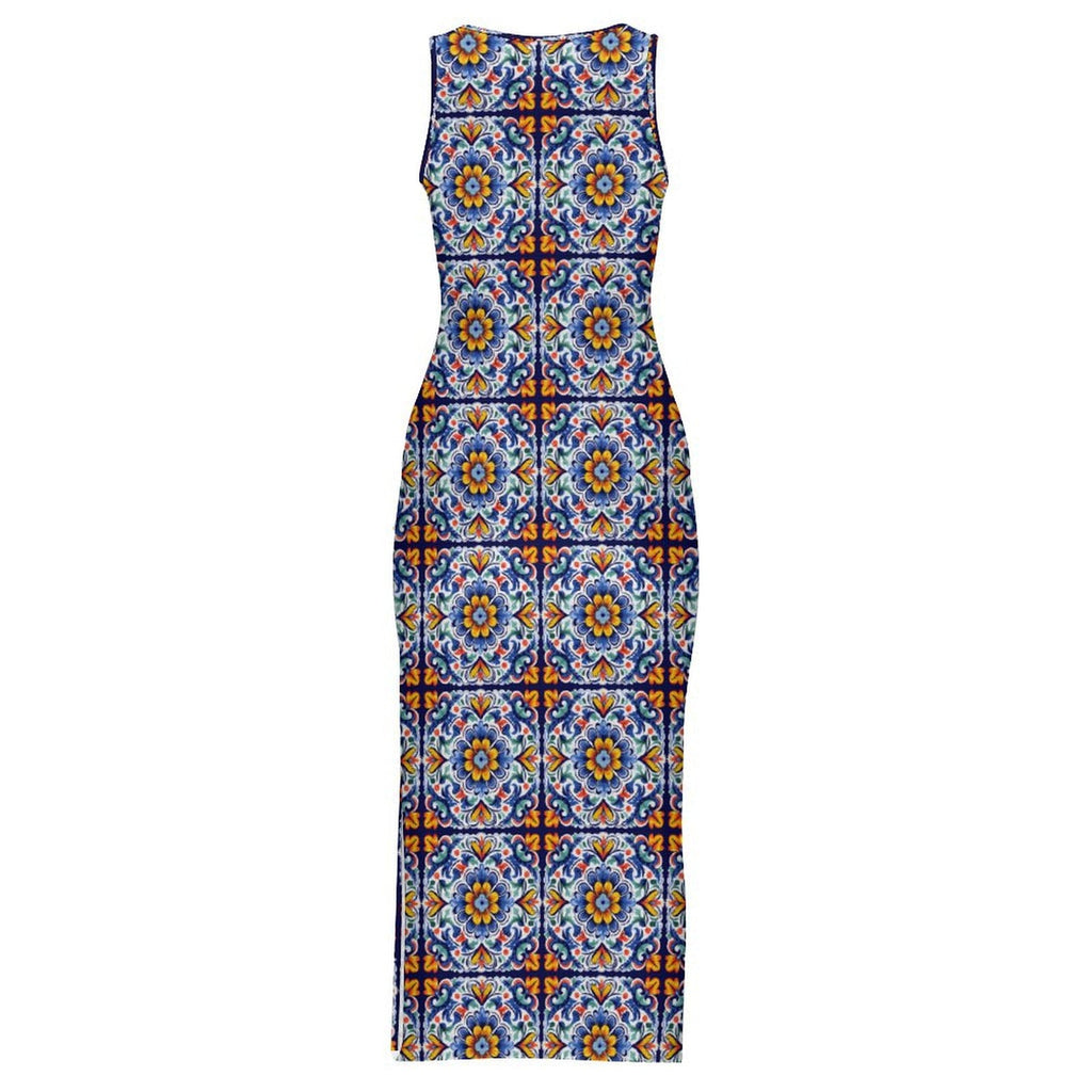 Colores de Mexico Talavera Sleeveless Bodycon Side Slit Long Dress