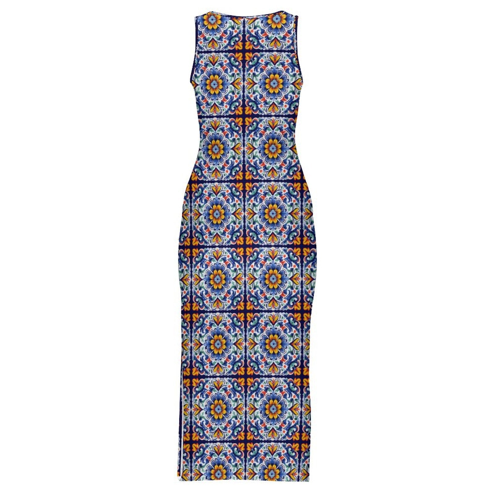 Colores de Mexico Talavera Sleeveless Bodycon Side Slit Long Dress