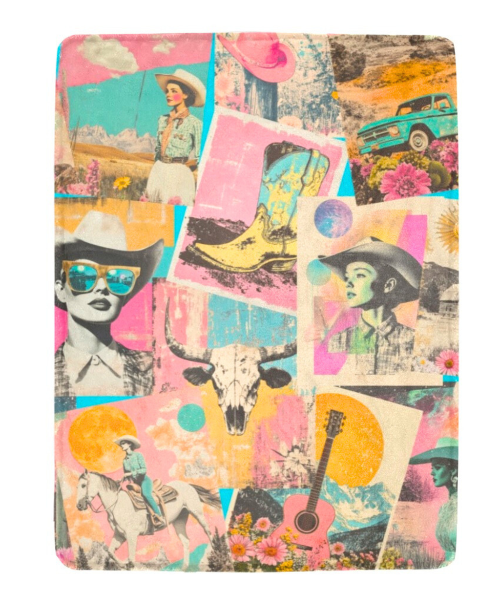 Pop Western Retro Cowgirl Collage Throw Blanket 60" x 80" Made in America