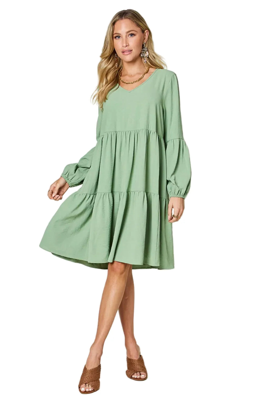 Garden Naked Double Take Full Size V-Neck Balloon Sleeve Tiered Dress with Pockets