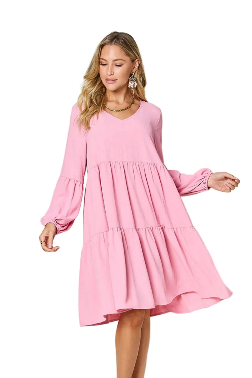 Garden Naked Double Take Full Size V-Neck Balloon Sleeve Tiered Dress with Pockets