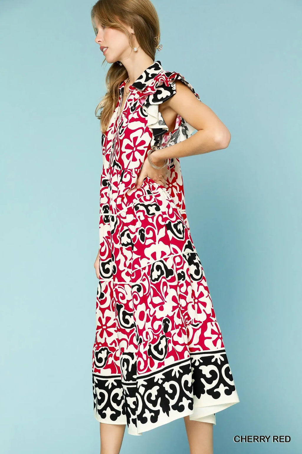 Garden Naked Umgee Printed Ruffled Cap Sleeve Midi Dress