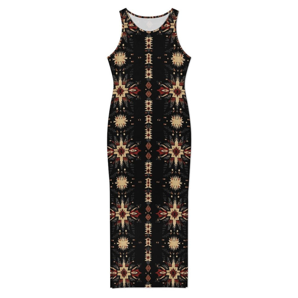 Black and Tan Aztec Bodycon Side Slit Western Maxi Dress