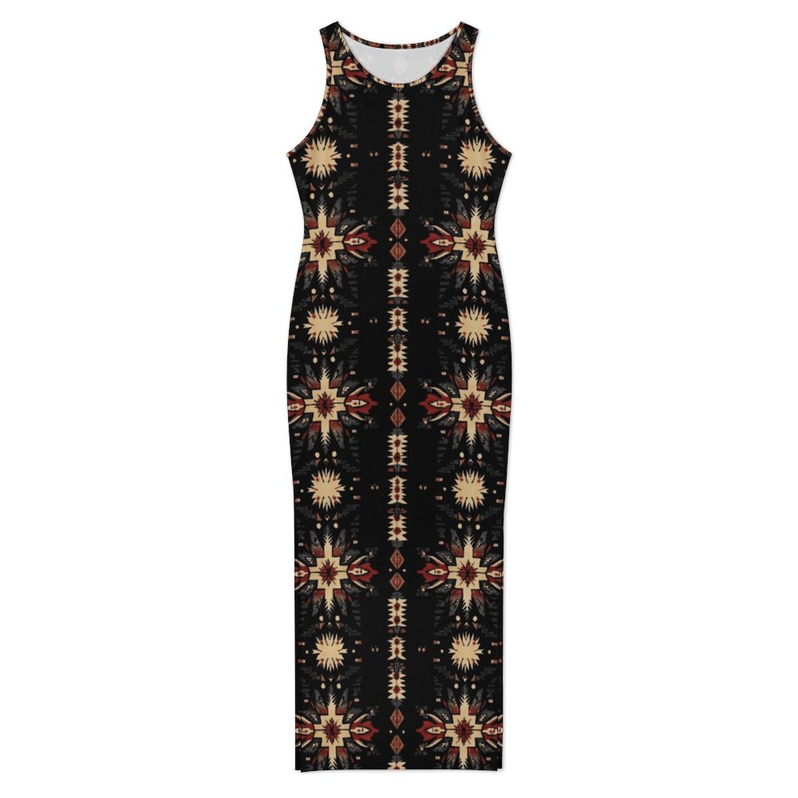 Black and Tan Aztec Bodycon Side Slit Western Maxi Dress